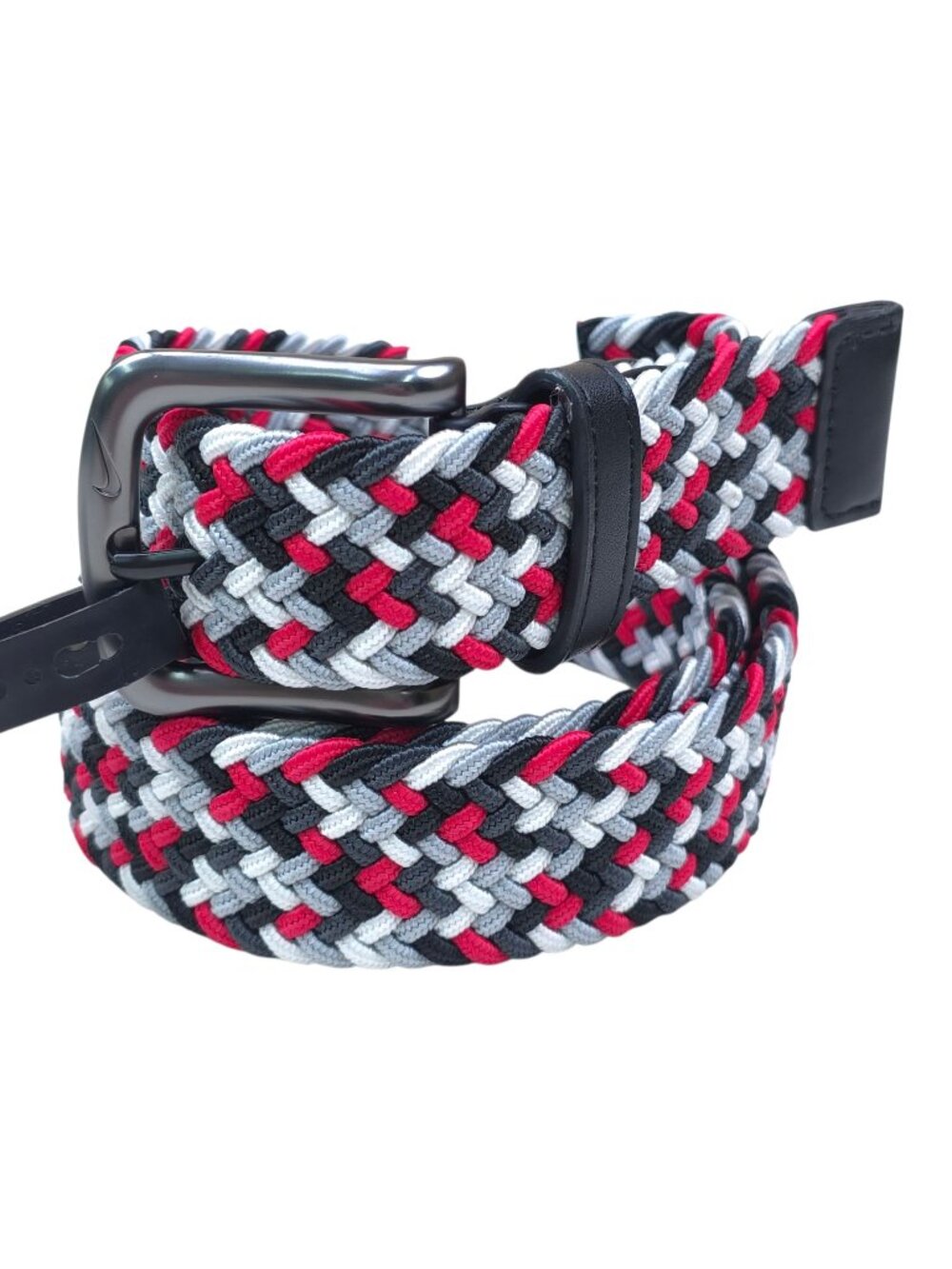 Nike XL 42-44 Woven Braided Belt With Black Metal Buckle Red Gray Black White